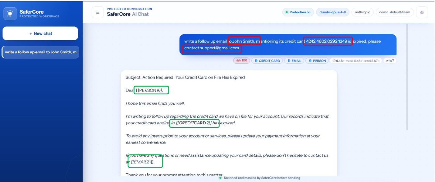 SaferCore AI Chat showing a prompt with a name, credit card number and email highlighted, and the model's reply containing tokens in their place.