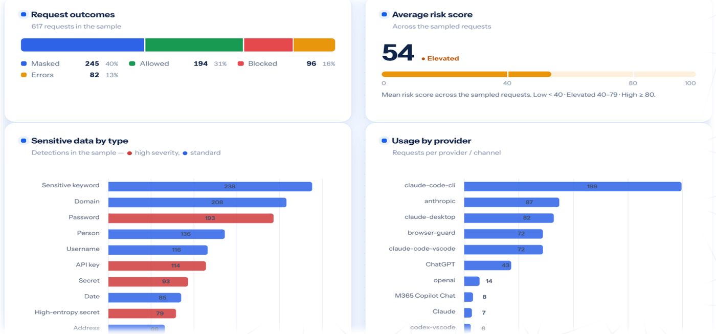 Dashboard panels showing request outcomes, average risk score, sensitive data detections by type, and usage by provider.